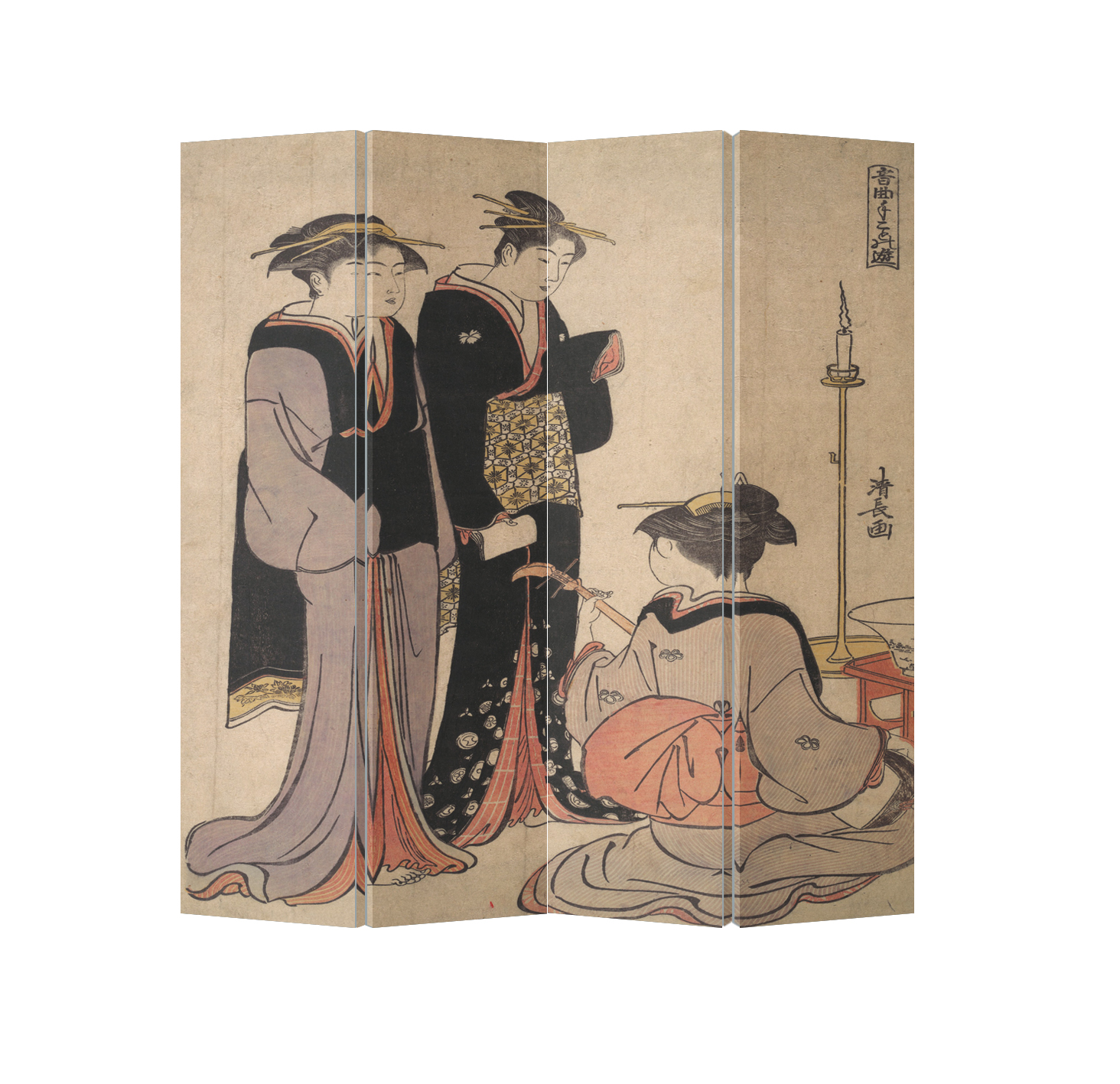Oriental Room Divider Paravent 4 Panel Japanese Women Kimono Music Kiyonaga